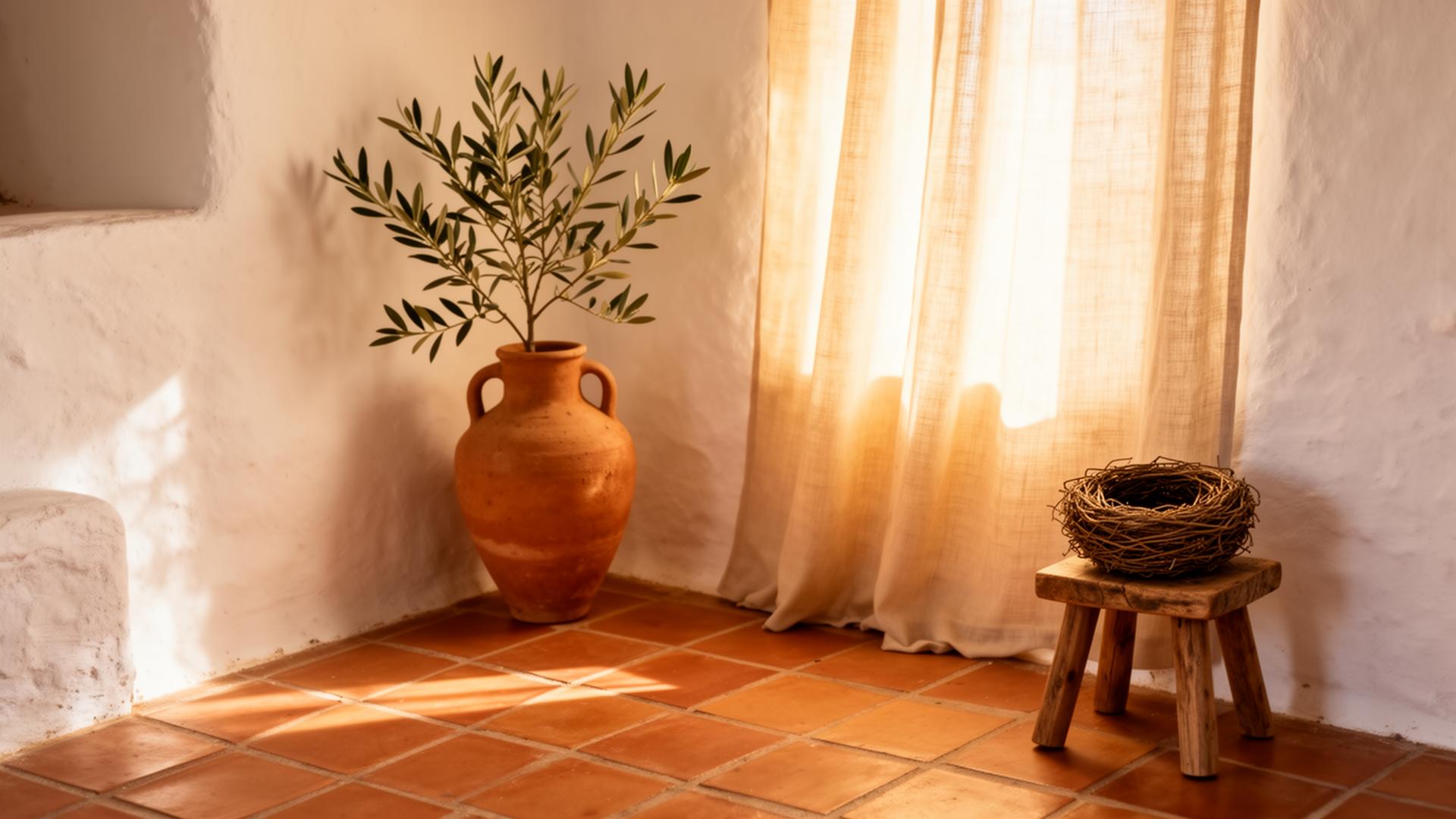 Sunlit Mediterranean interior with olive branch and woven nest
